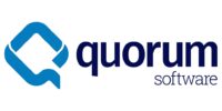 Quorum Software logo in dark blue and medium blue displays in logo carousel featuring world-class client companies of Angela V. Fox Coaching.