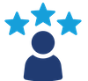 Dark blue head and shoulders silhouette icon with three medium blue stars overhead represents the integrity Angela V. Fox Coaching offers its clients.