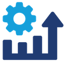 Dark blue bar graph icon displaying upward trend with medium blue gear above it represents how able Angela V. Fox Coaching’s clients are for personal and professional growth.