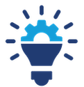 Dark blue lightbulb icon with a medium blue gear for the light and dark blue lines radiating from it represents the curiosity Angela V. Fox Coaching offers its clients.