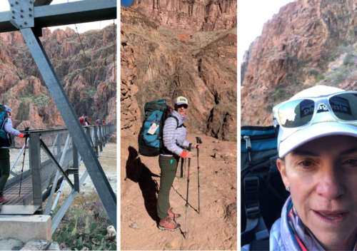 Three photos of Coach Angela V. Fox conquering a fear by crossing a bridge in the Grand Canyon.