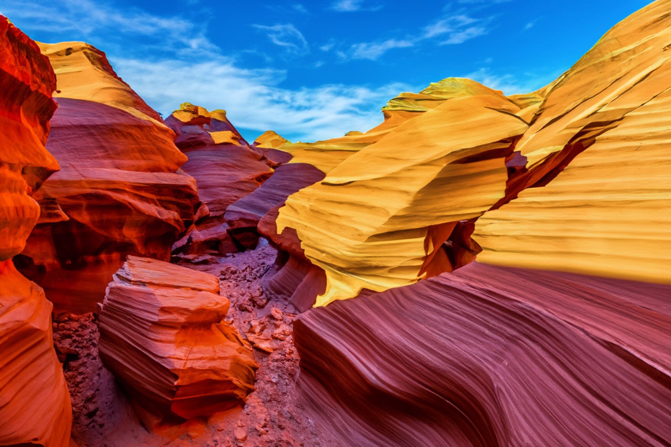 Magenta, red-orange, and gold illustration of Antelope Canyon in Arizona with blue sky and white clouds overhead. This image represents Angela V. Fox Coaching’s life development coaching services.