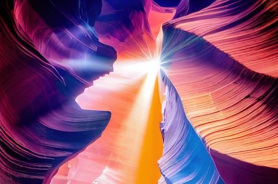 Purple, magenta, and orange illustration of Antelope Canyon in Arizona with a beam of sunlight peering through. This image represents Angela V. Fox Coaching’s leadership coaching services.